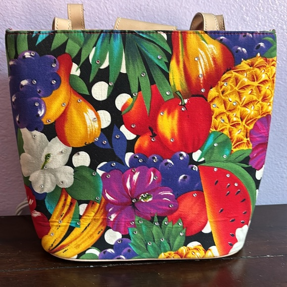 Multicolored Tropical Flowered Fruits Summer Beach Handbag Purse - Picture 2 of 7
